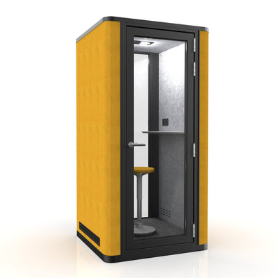 Yellow and black phone booth with glass door on a white background
