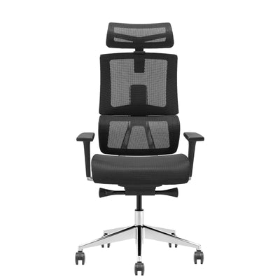 A full mesh premium ergonomic office chair with adjustable lumbar support, headrest, seat height, and armrests on a metal base.