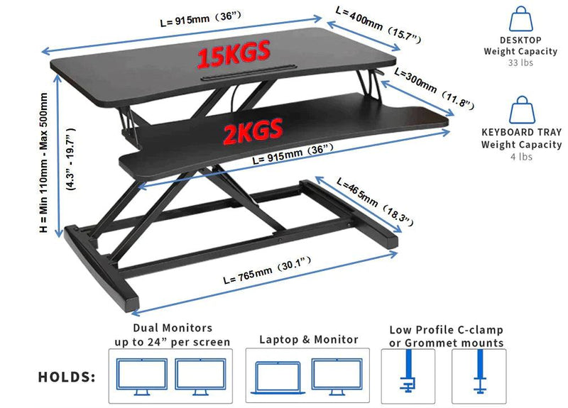 Sit Stand Desk Converter - Keyboard Tray - Smooth Pneumatic - EKOBOR Ergonomic Furniture